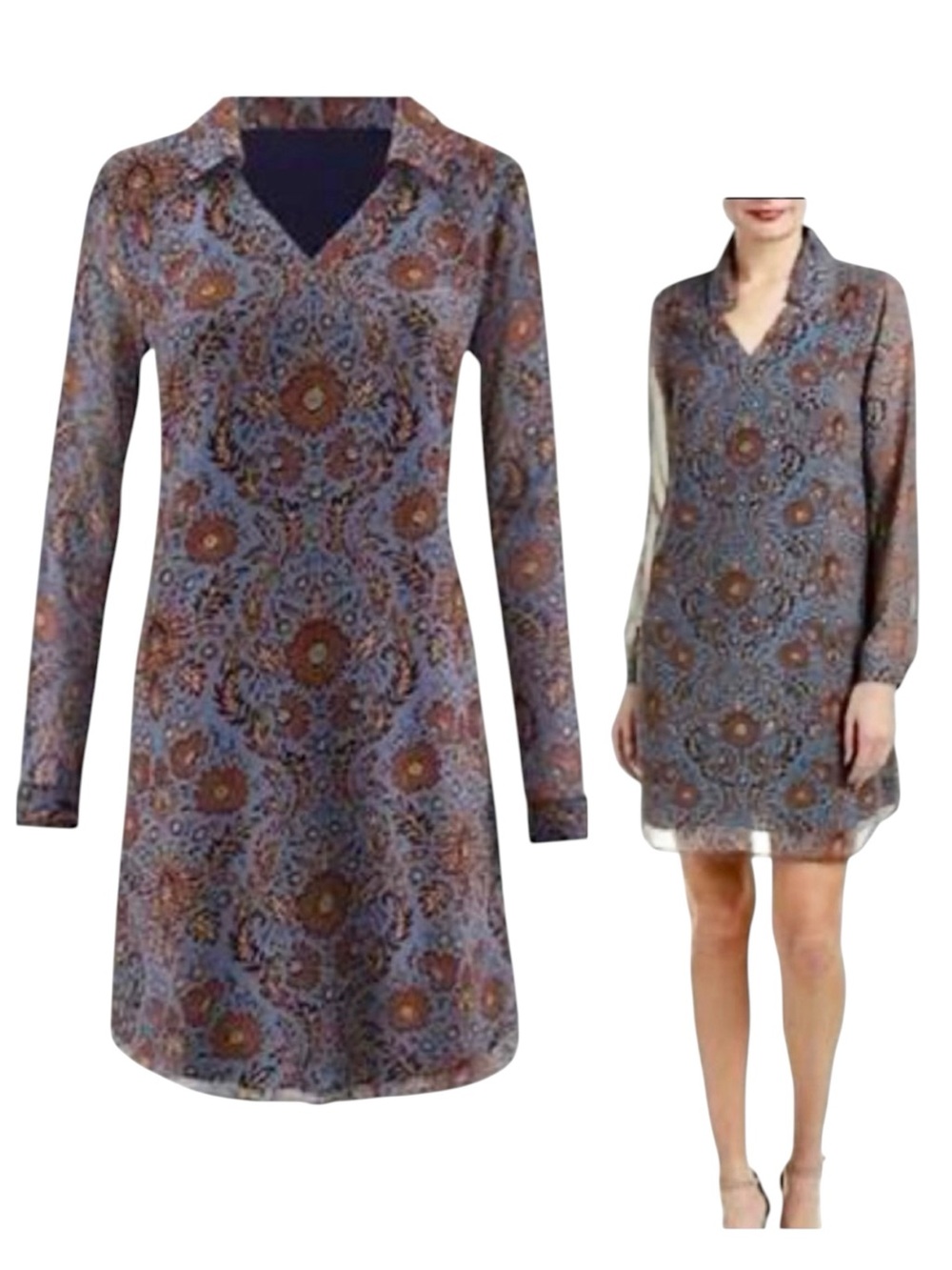 CAbi Provincial Long Sleeve Blue Pattern Dress Size Small V-Neck Collar Lined